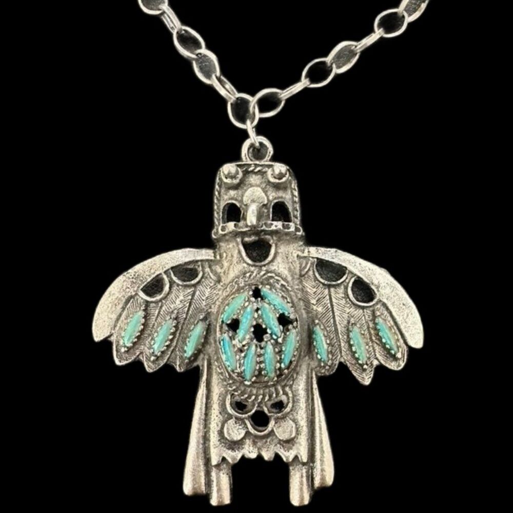 Vintage Knifewing Bird Dancer Kachina Faux Turquoise Costume Pendant Necklace